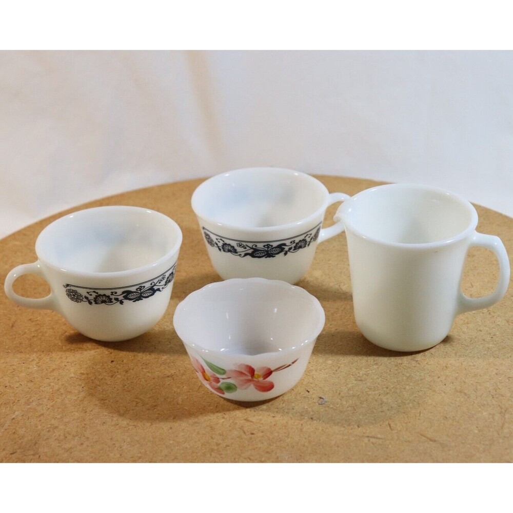 Vintage Milk Glass Pyrex Corning Fire King Lot Creamer Cup Coffee Cups Dessert